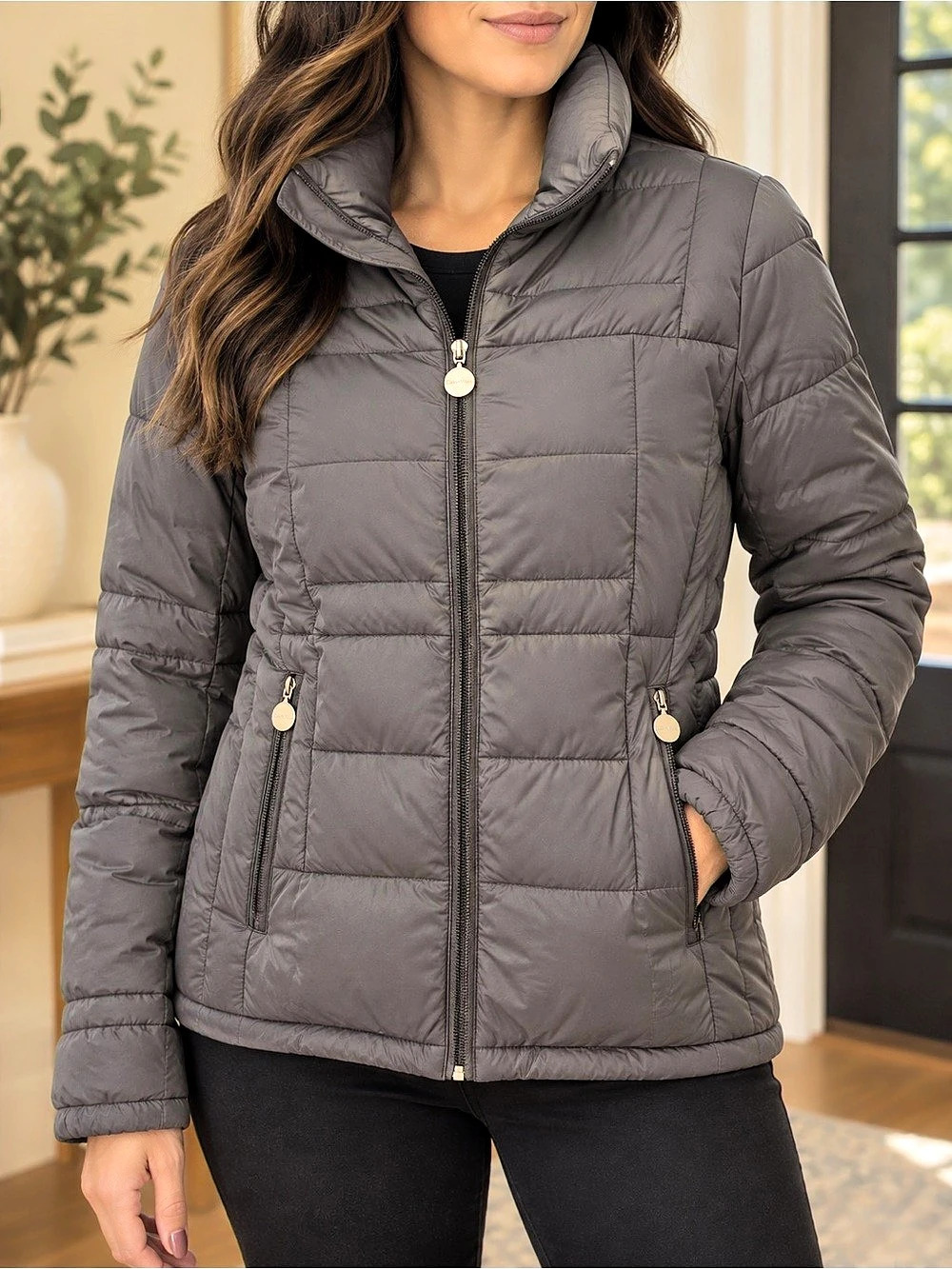 Calvin Klein Women’s Small Packable Premium Down Puffer Jacket Gray Lightweight